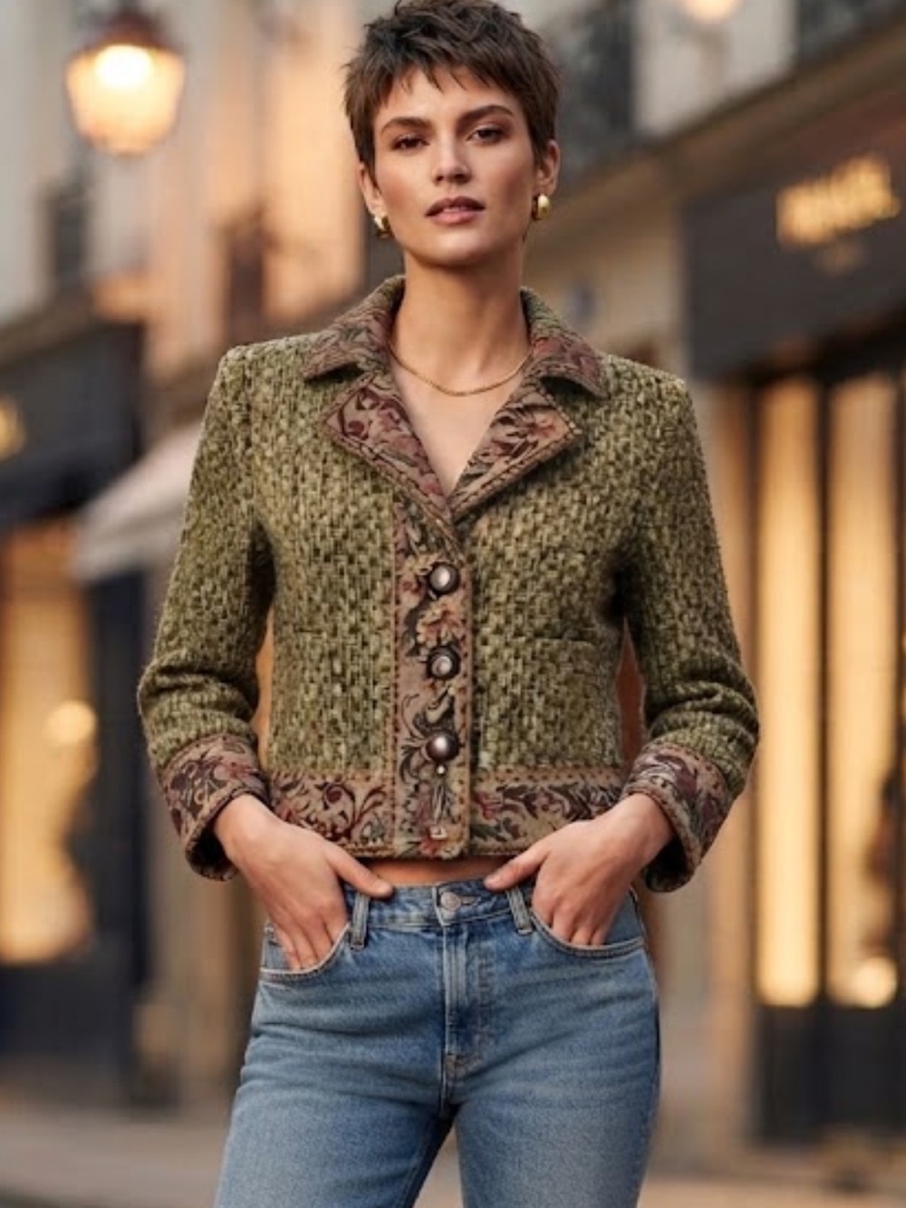 Vintage Cynthia Steffe Tweed Tapestry Cropped Jacket Size 10